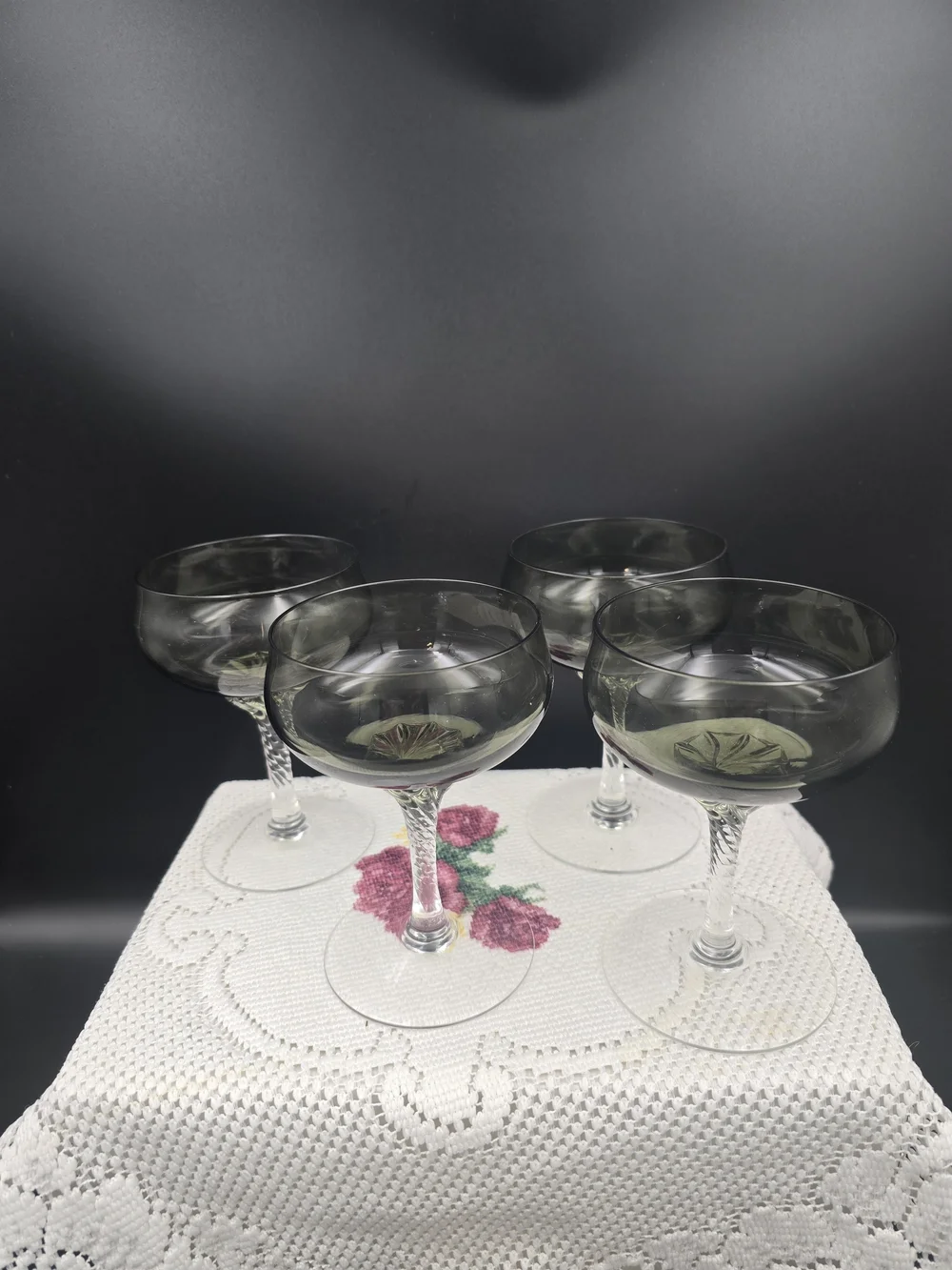 Smoked Grey Coupe Glasses with Twisted Stem - Set of 4